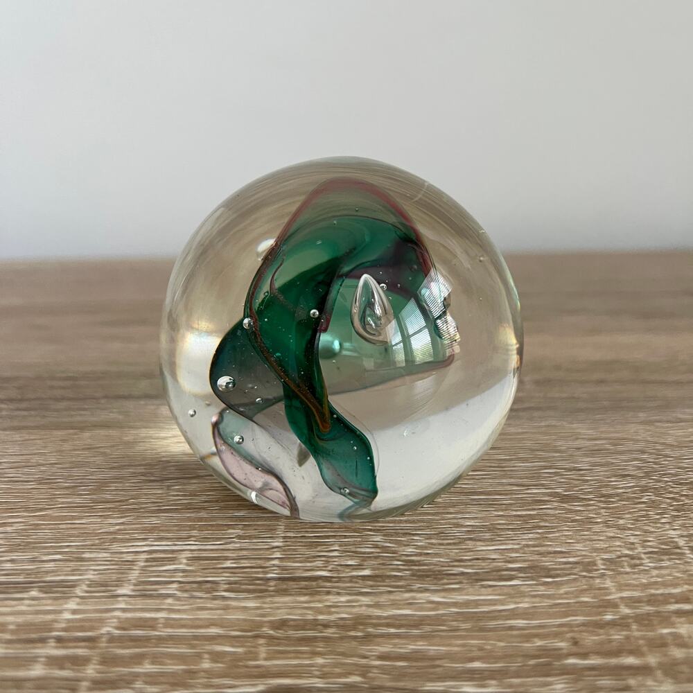 Karg Signed Paperweight Bubbles Green Red Purple Smoke Swirl
